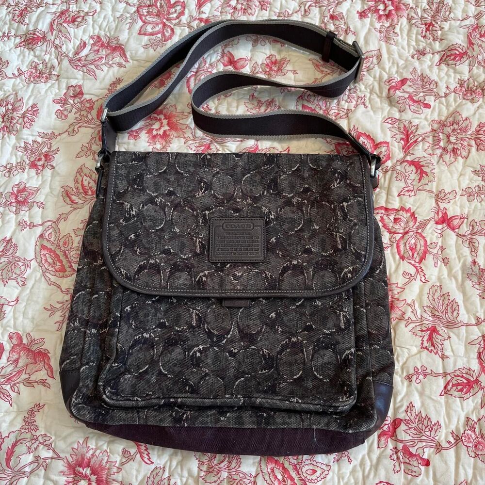 Rare COACH Heritage Web Monogram Green and Brown Camo Canvas Logo Leather Bag